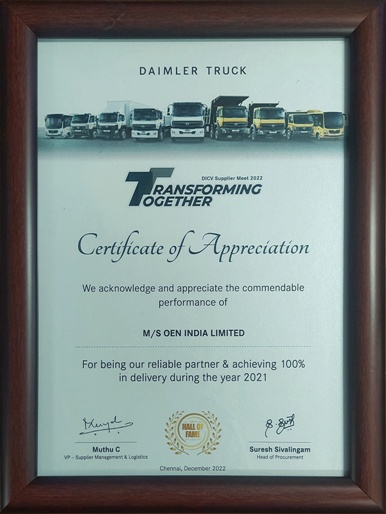 Certificate of Appreciation - 100% in Delivery