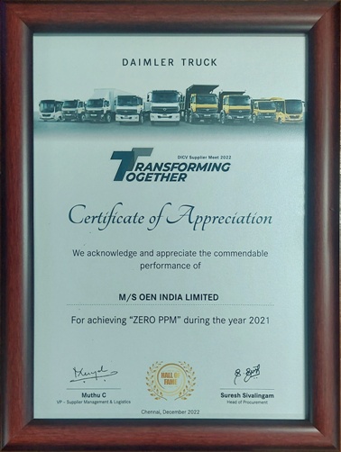 Certificate of Appreciation - Quality - Zero PPM